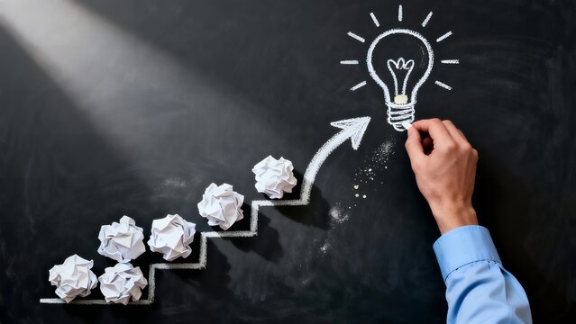 Hand Drawing Rising Arrow of Crumpled Paper Steps Leading to a Lightbulb Idea