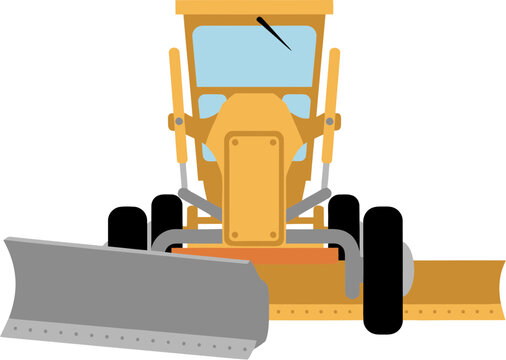 Front view of a yellow snowplow truck with a large grey blade a vector illustration.