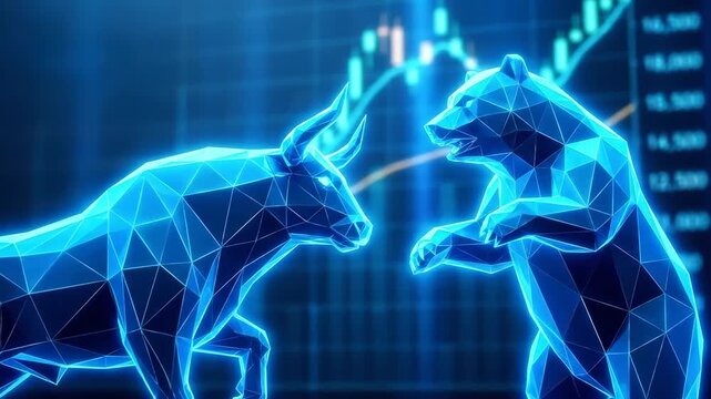 Bull and bear figures symbolizing stock market trends on a digital background with financial data graphs