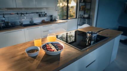 Healthy lifestyle breakfast in modern kitchen, smoothie bowl, fruits, January 2026, photorealistic, bright, colorful scene.