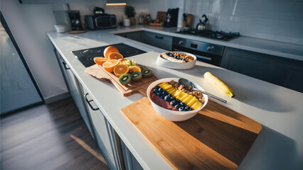 Healthy lifestyle breakfast in modern kitchen, smoothie bowl, fruits, January 2026, photorealistic, bright, colorful scene.