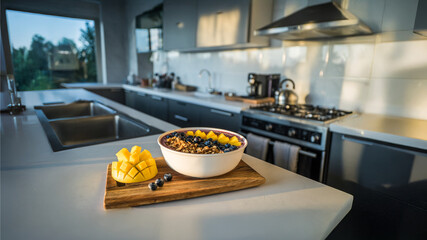 Healthy lifestyle breakfast in modern kitchen, smoothie bowl, fruits, January 2026, photorealistic, bright, colorful scene.