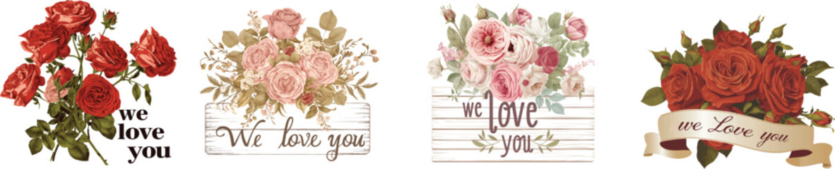 Elegant floral arrangement with We Love You: Exquisite floral arrangement with vibrant roses expressing sentiments of love. each bloom and petal whispering a message of affection.