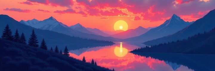 Abstract sunset landscapes; vector art prints featuring mountains, rivers, and lakes , illustration, lakes, contemporary art