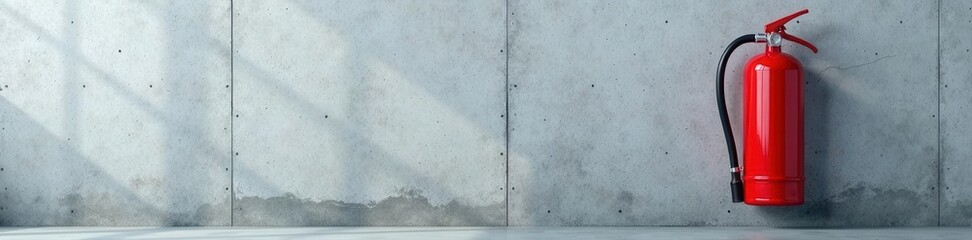 Red fire extinguisher mounted on a gray concrete wall , equipment, protection, concrete wall