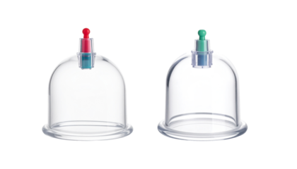 Two clear plastic cupping therapy cups with red and green plungers on a transparent background.