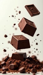 Shattering chocolate chunks mid-air, rich brown hues, brown, burst