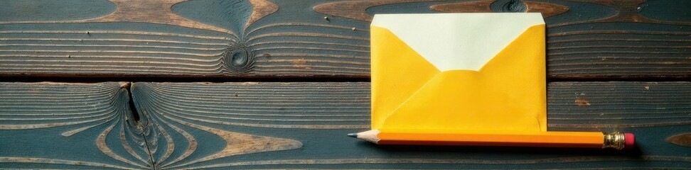 Singed envelope, pencil rests on weathered wood planks , close-up, vintage, message