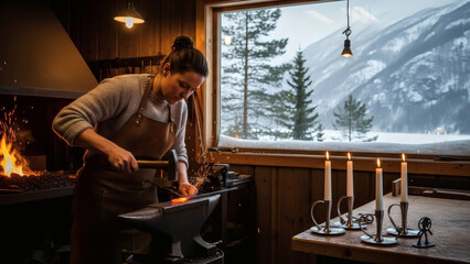 Woman Working at Anvil in Cozy Wooden Workshop with Snowy Mountain View