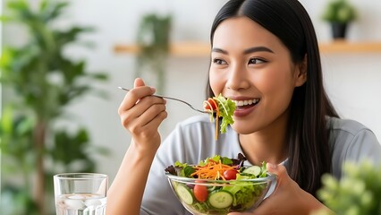 Asian Woman Eating Healthy Salad, Smiling, Lifestyle