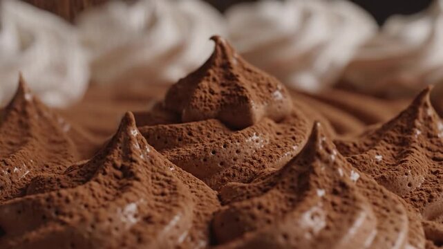 Close-up of rich chocolate dessert with piped frosting and cocoa dusting, creamy swirls