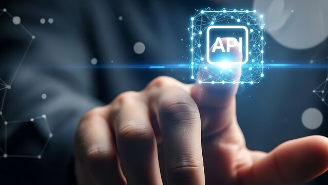Hand interacting with glowing API icon on a futuristic interface with network connections and light effects on a blurred background - Powered by Adobe