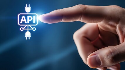 Hand interacting with glowing API symbol on blue background  technology concept