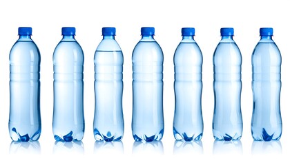 Naklejka premium Seven clear plastic bottles, filled with transparent liquid, stand against a white backdrop, arranged horizontally. Blue caps secure the contents