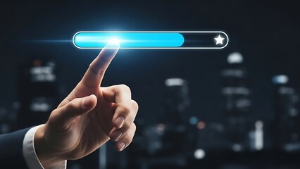 hand pointing to a glowing blue progress bar with a star on a dark background