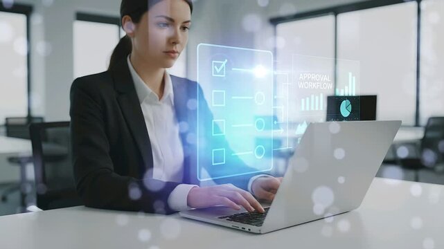 Enterprise software approval workflow concept, close-up of professional using laptop with floating checklist UI, B2B SaaS dashboard visualization, corporate efficiency theme