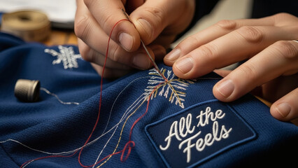 Close-up of hands embroidering snowflake design on blue fabric with "All the Feels" patch