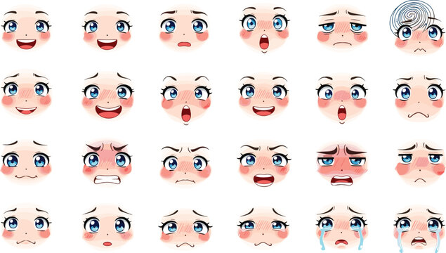 Cute anime manga style girl face expressions set, emotional female character collection including happy, sad, angry, surprised, confused, and crying states.