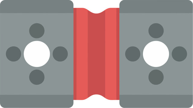 Grey metal jaw coupling with a red flexible elastomer spider insert a flat vector icon.