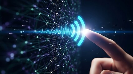 hand touching blue glowing wifi symbol with network connections and dots on dark background  technology concept