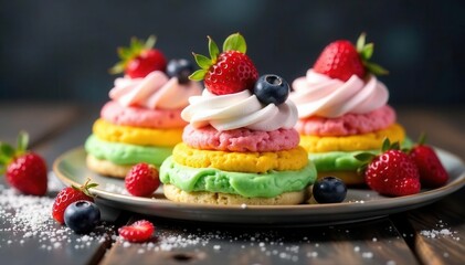 Rainbow profiteroles, whipped cream, fresh berries, blueberry, dessert