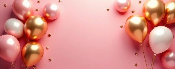 Rose gold backdrop, metallic balloons (gold, silver, pink) float, ample copy space , glossy, sparkle