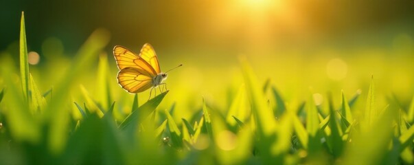 Sunlit golden butterfly on wild grass, summer meadow , close-up, sun