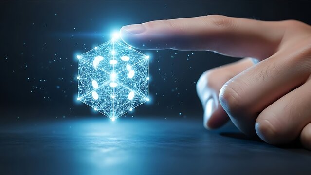 Hand touching glowing digital cube with connections and nodes on dark background  futuristic technology concept - Powered by Adobe
