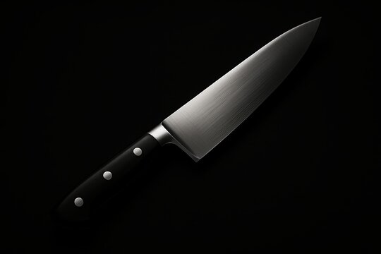 Sleek Culinary Blade: A close-up shot captures the elegant form of a professional chef's knife, its gleaming steel poised against a dark background.