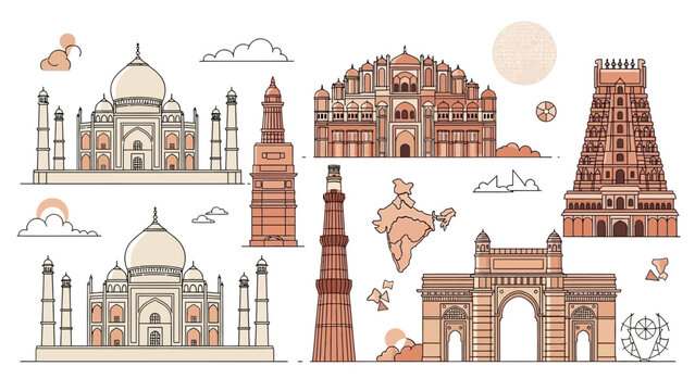Illustration of iconic landmarks and buildings from India, including the Taj Mahal and Qutub Minar, with a map and decorative elements on a white background.