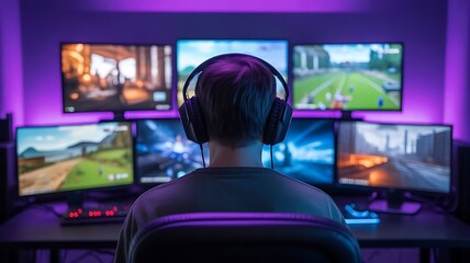 Immersive gaming setup with multiple screens and headphones