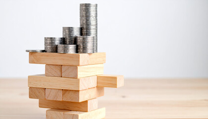 Stacked coins on wooden blocks symbolize global economy slowdown and economic crisis with inflation impacting finance business market recession