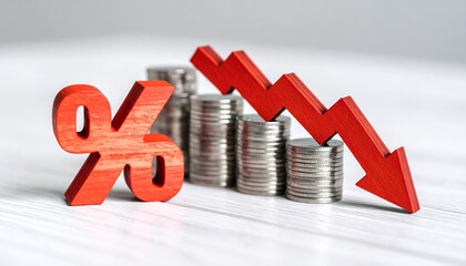 Global economy slowdown economic recession crisis inflation finance business market decline percent arrow coins stack decrease financial risk