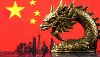 Golden dragon statue symbolizes strength amid global economy slowdown and inflation crisis impacting business and market finance recession