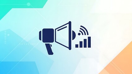 Megaphone loudspeaker with sound waves and bar graph on colorful geometric background