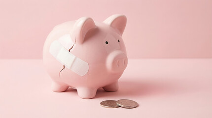 Broken piggy bank with money coins and bandage symbolizing financial crisis loss debt savings investment economy bankruptcy
