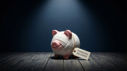 Broken piggy bank wrapped in bandage with financial crisis tag symbolizes money loss debt and economy investment savings bankruptcy
