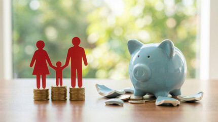 Broken piggy bank with money coins and red family figures on financial savings investment economy crisis debt loss bankruptcy concept