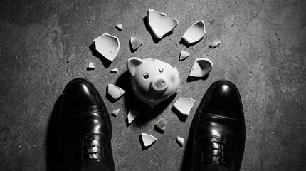 Broken piggy bank floor with shattered pieces around black leather shoes symbolizing financial crisis loss debt economy investment savings