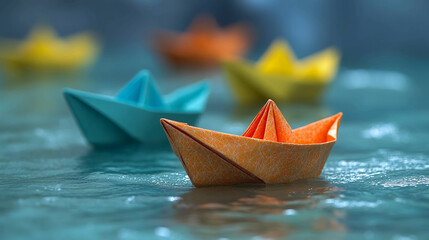 Colorful paper boats sailing on water surface origami boat floating in a calm sea blue background 100char