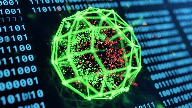 A 3D model of a virus with a green outline and red details is illuminated, emitting a green beam against a background of blue binary code on a black surface