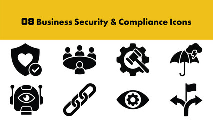 business security risk management compliance flat black white icon set high quality professional detailed modern elegant stylish clean crisp vibrant colorful