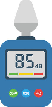 Blue digital sound level meter with a digital display showing 85 decibels a color bar indicator and control buttons.