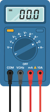Blue digital multimeter with LCD screen showing zero a rotary dial and connected red and black test probes.
