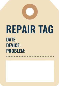 A beige cardboard repair tag with bold blue text and blank fields for service information.