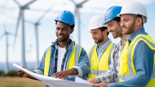 Diverse team of engineers working on renewable energy project with wind turbines - Powered by Adobe