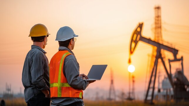 Engineers monitoring an oil pump jack working at sunset in the energy industry - Powered by Adobe