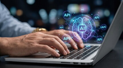 API and AI technologies. Business workflow automation. Platform for AI integration and data communication. Businessperson using laptop computer.