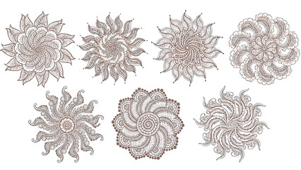 Fototapeta premium Henna tattoos ink sketch vector set. Floral leaves stems ornamental pattern skin maroon red temporary tattoo illustrations. Mehndi vector png