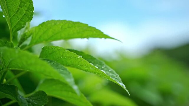 Close-up of vibrant fresh green leaves with water drops and soft focus sky background